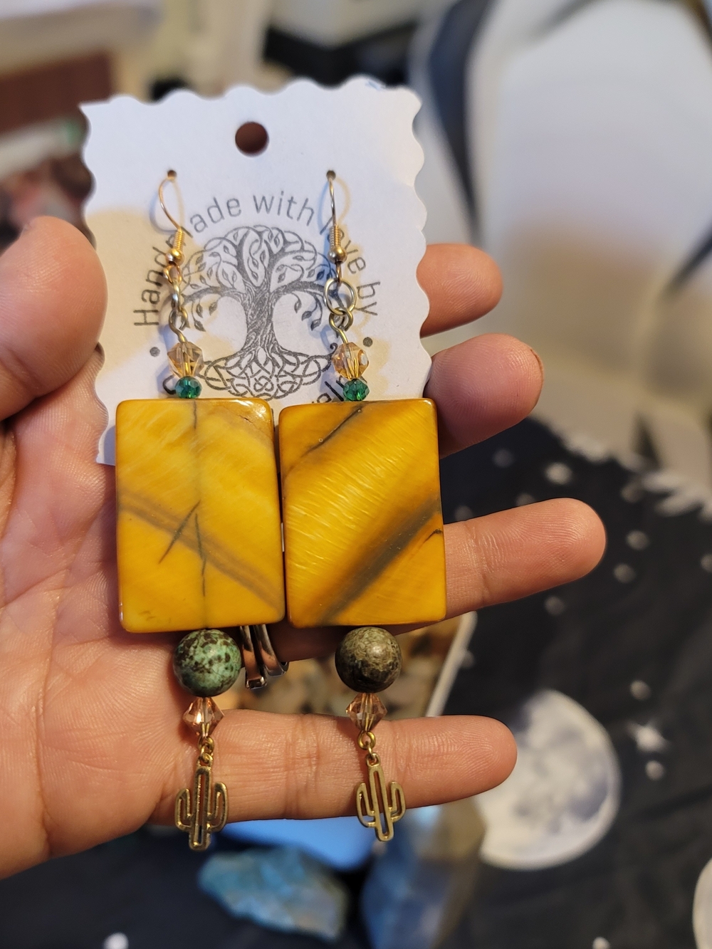 🔥3 For $20 Handmade Yellow Brown Natural Shell  Earrings with Cactus Charm